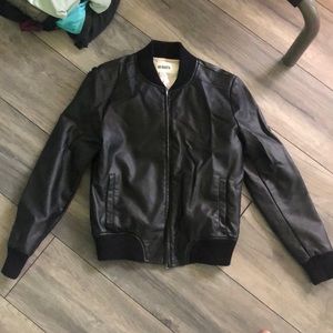 Black leather bomber jacket